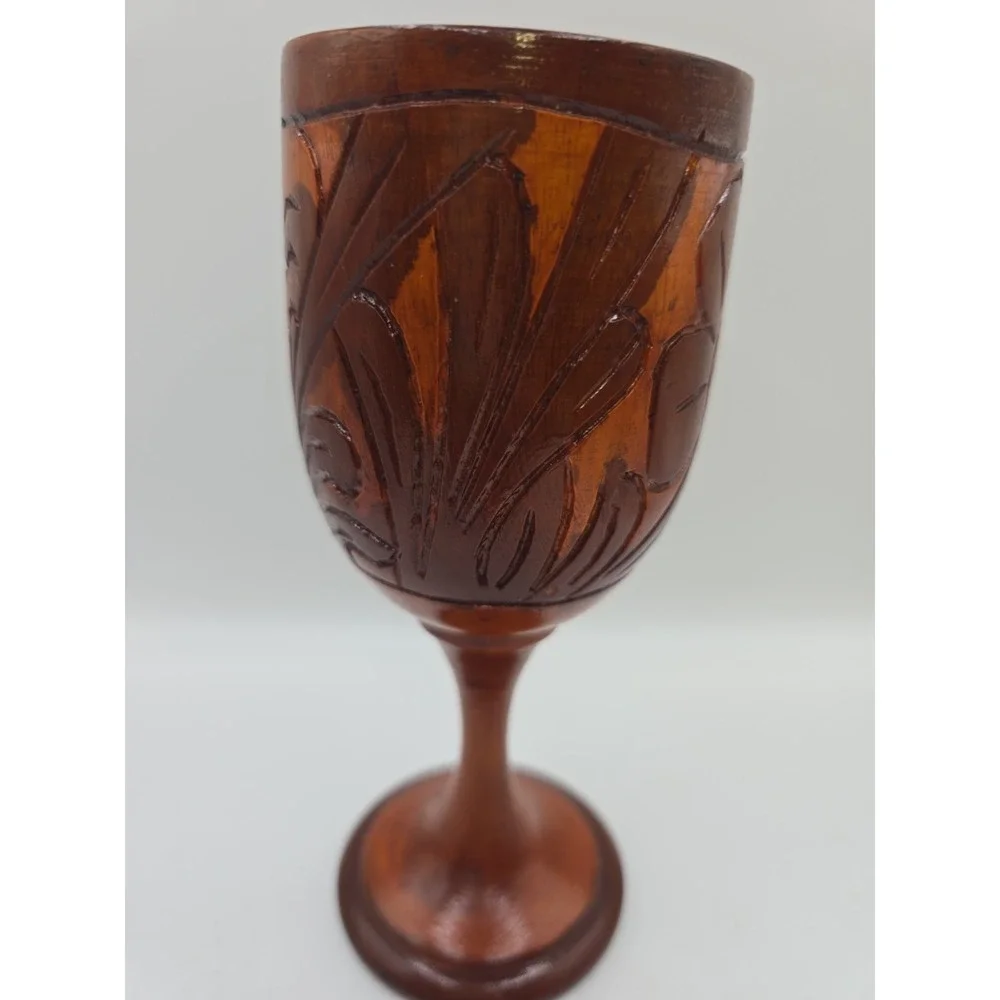 Decorative Hand Carved Design Unique Wooden Wood Wine Drink Cup Goblet 7 1/2